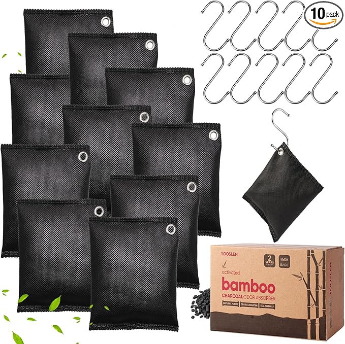 Activated Charcoal Odor Absorber, Odor Eliminator for Strong Odor,Bamboo Charcoal Air Purifying Bags for Home Car Closet Pet, Smoke Room Deodorizer (10 x 60g, Unscented)