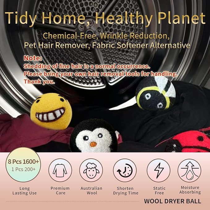 Solid Color Wool Dryer Balls 8-Pack,Hypoallergenic Softener Alternative, Assorted Pure Hues, All-Season Performance Cut Drying Time & Static for Organic Cotton
