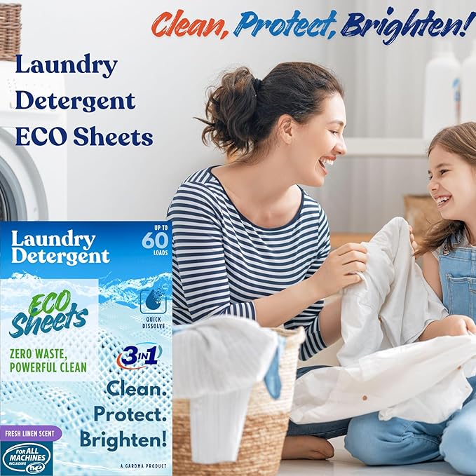 Laundry Detergent Sheets Fresh Linen Scent - 60 Loads Eco Liquidless Soap - Travel-Friendly for Hot & Cold Cycles, Tackles Tough Stains & Odors - Gentle on Skin, 60 Sheets
