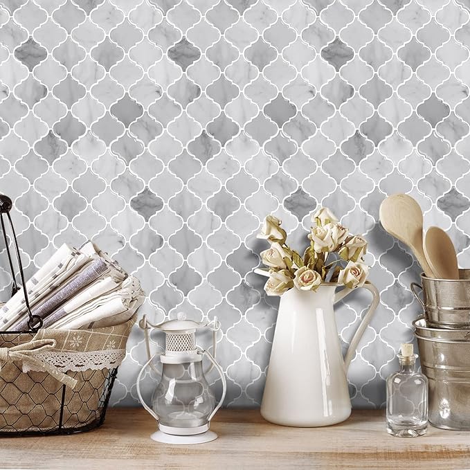 Arabesque Peel and Stick Tile for Kitchen, 12” X 12” Mix Grey Self-Adhesive Kitchen Backsplash in Marble, 10-Sheet 3D Self-Adhesive Wall Tile Stick on Tiles Backsplash(Thicker Design)