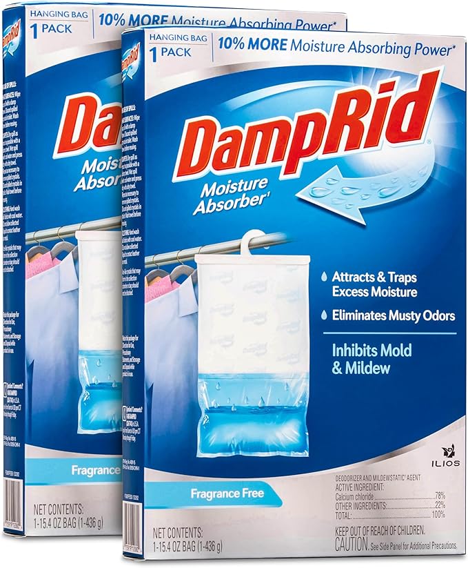 Damp Rid Hanging Bag Moisture Absorber – Fragrance Free Humidity Absorber for Closets, Closet Deodorizer & Odor Absorber, 15.4 oz Hanging Bags 2 Pack - Ilios Packaging