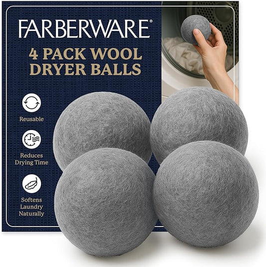 Farberware Wool Dryer Balls 4 Pack ??Reusable 100% Wool Balls for Dryer ??Natural Fabric Softener for Laundry, Towels & Bedding, Replaces Fabric Sheets & Liquid Softeners