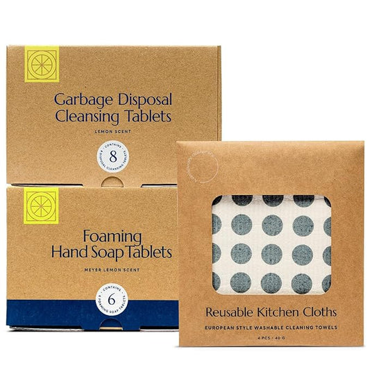 CLEANOMIC Foaming Hand Soap Tablets, Garbage Disposal Cleaner, and Kitchen Cloth Bundle