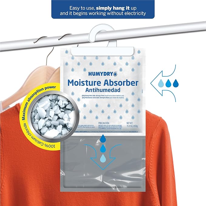 HUMYDRY Hanging Moisture Absorber for Closets, Pack of 6 Unscented 15.9 Oz Dehumidifier Bags, Non Electric Humidity Absorbers for Wardrobes Clothes Storage Areas and Small Enclosed Spaces