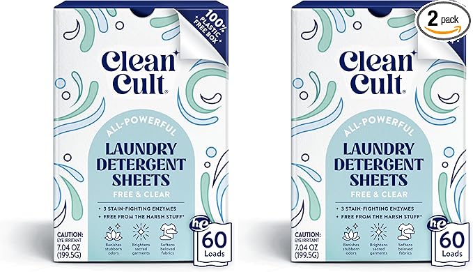 Cleancult Laundry Detergent Sheets - Resealable Box - 3 Stain Fighting Enzymes - Fragrance Free - 60 Loads - Free of Harsh Chemicals - No Mess - No Plastic Waste (Pack of 2)