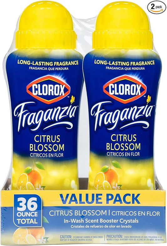 Clorox Fraganzia Laundry Scent Booster Crystals, In-Wash Fragrance Beads for Fresh-Smelling Clothes & Linens, Safe for All Fabrics & Colors, Citrus Blossom Scent, 18 Oz, 2 Pack