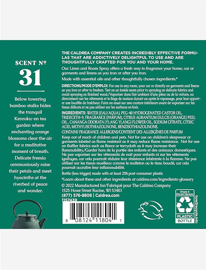 Caldrea Linen and Room Spray Air Freshener, Made with Orange Peel and Ylang Ylang flower Essential Oils, Plant-Derived and Other Thoughtfully Chosen Ingredients, Orange Blossom Bamboo scent,16 oz