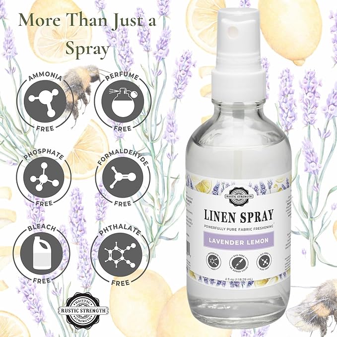 Rustic Strength Linen Spray, Lavender Lemon Scent, Fabric Freshener, 4 fl oz, Natural Essential Oils, Ammonia Free, Phthalate Free