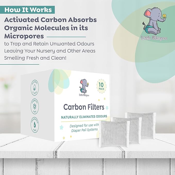 LittleWhispers Diaper Pail Odor Absorber -10 Pack - Carbon Filter Refills - Compatible with Diaper Genie Systems