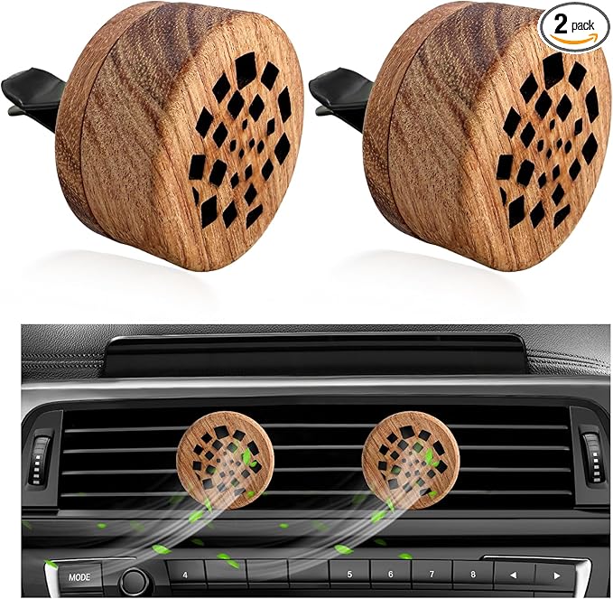 2 PCS Wood Car Essential Oil Diffuser, Wooden Aromatherapy Essential Oils Diffuser with Vent Clip, Wood Vent Clip Air Freshener for Vehicle Office Home Bedroom (Memory Fragments)