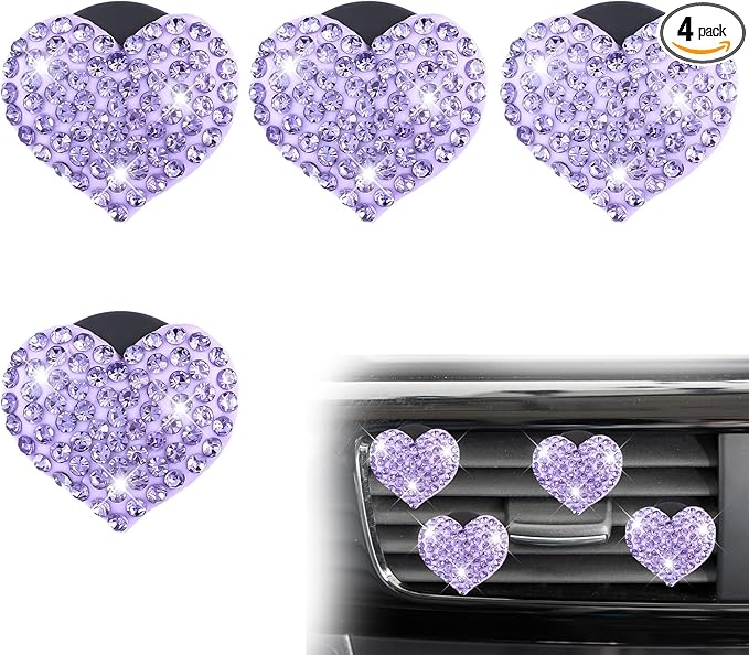 4Pcs Bling Heart Air Vent Clips, Universal Car Air Conditioning Fresh Clip, Sparkling Heart Car Vent Clips, Decorative Purple Cars Accessories for All Vehicles
