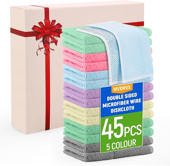 2-Sided Cleaning Dish Towels for Kitchen Microfiber Wash Cloths,45pcs Non Scratch Wire Dishcloth,Wire Dishcloth Home Essentials-Reusable Steel Wool Scrubber Washcloths,Set for Pans Sinks & Cookware