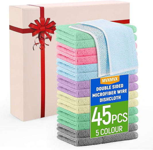 2-Sided Cleaning Dish Towels for Kitchen Microfiber Wash Cloths,45pcs Non Scratch Wire Dishcloth,Wire Dishcloth Home Essentials-Reusable Steel Wool Scrubber Washcloths,Set for Pans Sinks & Cookware