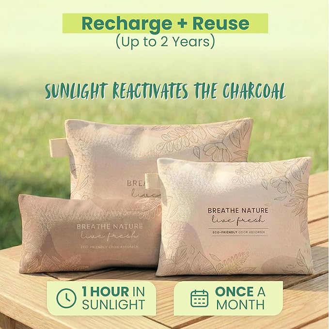 Roonin Bamboo Charcoal Bags Odor Absorber (6-Pack), Natural Air Purifier & Pet Safe Deodorizer for Home, Car and Closet - Odor Remover for Strong Smells