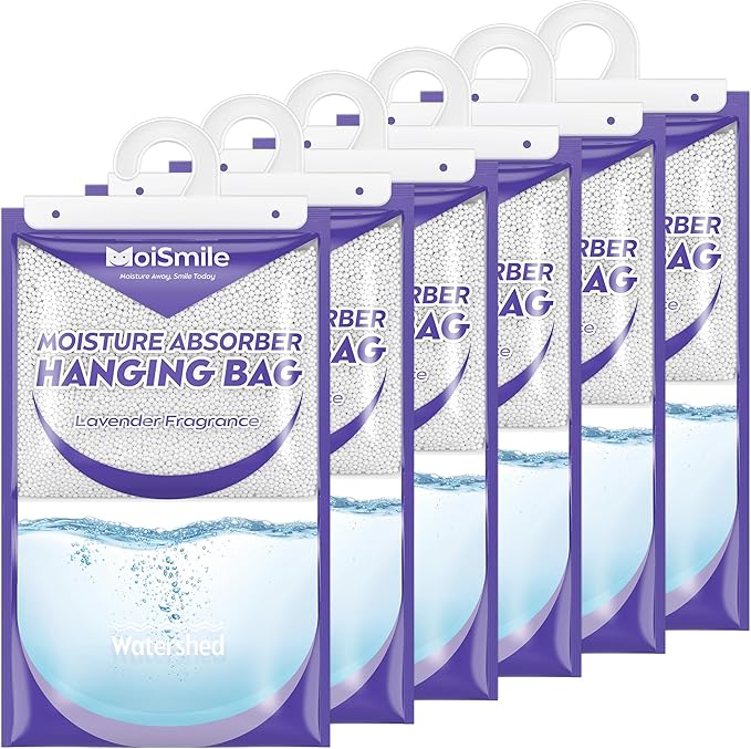 Hanging Moisture Absorbers 6 Pack Net Wt. 17.5oz/Pack, Lavender Fragrance Closet Dehumidifier Bags, Odor Eliminator & Humidity Absorber, Humidity Packs for Bathroom, Bedroom, Basement, Car, RV & Boat