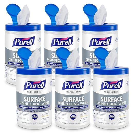PURELL Professional Surface Disinfecting Wipes, Citrus Scent, 110 Count Canister, 7"x 8" Wipes (Pack of 6) - 9342-06