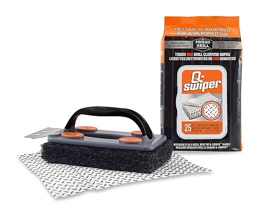 Proud Grill Q-Swiper BBQ Grill Cleaner Set - 1 Grill Brush with Scraper and 25 BBQ Grill Cleaning Wipes, Bristle-Free & Wire-Less, Safe Way to Remove Grease and Grime for A Clean and Healthy Grill