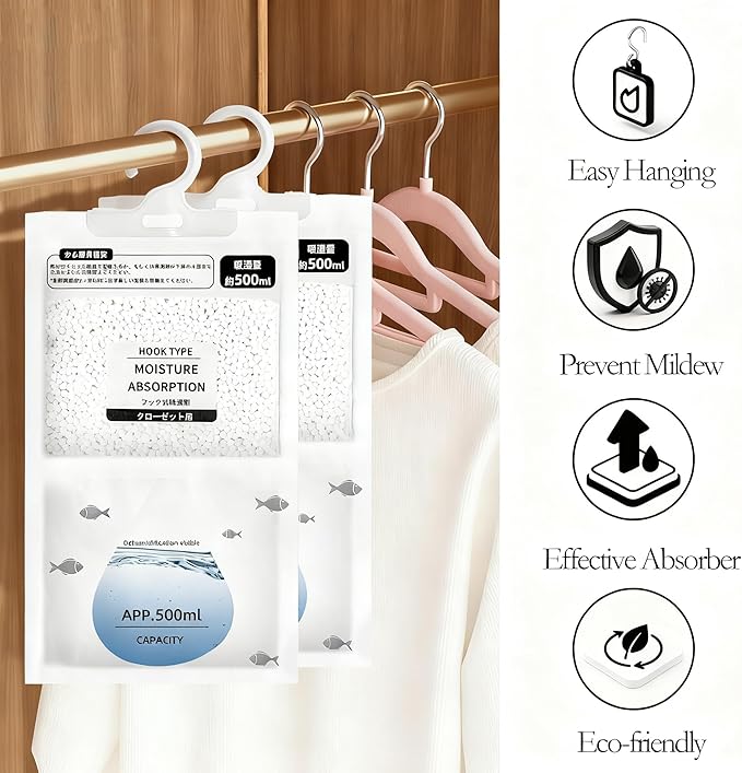 Moisture Absorbers 12 Pack，Hanging Closet Dehumidifier Bags,Humidity Packs, Humidity Absorber in Wardrobes, Bedrooms, Bathrooms