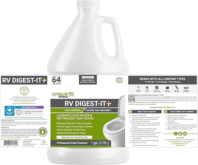 Unique RV Digest-It+, Extra-Strength RV Toilet Treatment - Liquifies Waste and Toilet Paper - Odor Eliminator (128 oz)
