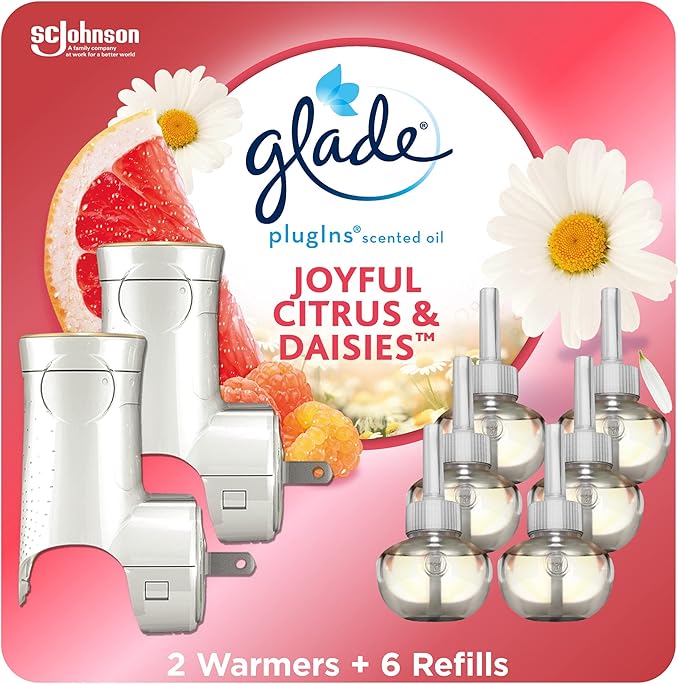Glade PlugIns Refills Air Freshener Starter Kit, Scented and Essential Oils for Home and Bathroom, Joyful Citrus & Daisies 4.02 Fl Oz, 2 Warmers + 6 Refills