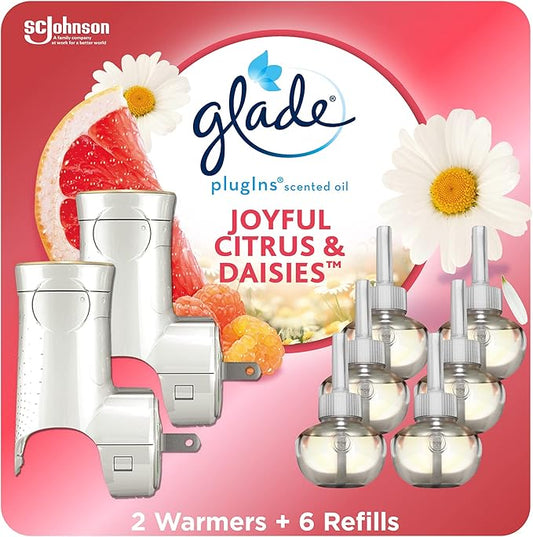 Glade PlugIns Refills Air Freshener Starter Kit, Scented and Essential Oils for Home and Bathroom, Joyful Citrus & Daisies 4.02 Fl Oz, 2 Warmers + 6 Refills