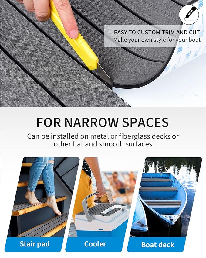 OCEANBROAD EVA Foam Boat Flooring with 3M Adhesive Backing Marine Self-Adhesive Decking 96''x45.6''/36''/28.8''/16.8'', 48''x16.8'' Faux Teak Sheet for Jon Boats Swim Platform Helm Pad RV Floor