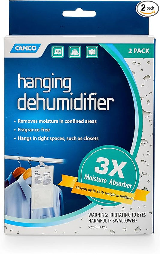 Camco 44286 Fragrance Free Hanging Dehumidifier-Convenient Hook Absorbs up to 3x Its Weight in Water, Reduces Moisture and Humidity in Closets and Tightly Confined Spaces, 2 Pack