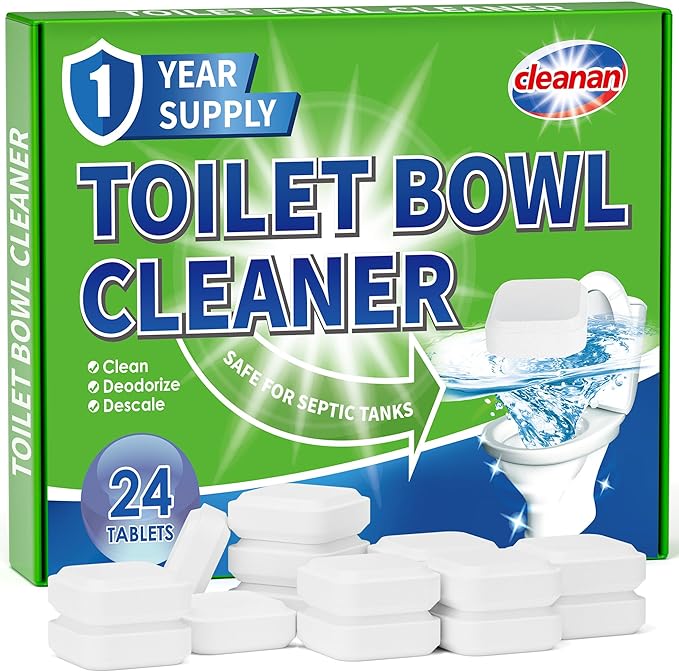 Toilet Bowl Cleaner Tablets, Leaves Bowl Sanitary, Freshens, Deodorizes, Descales & Repels Tough Stains, Helps Prevent Limescale Buildup, Safe for Septic Tanks, 24 Pack 1 Year Supply