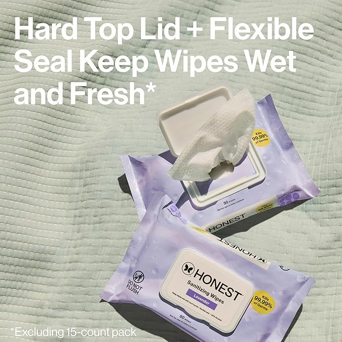 The Honest Company Lavender Sanitizing Wipes, Kills 99.99% of Germs, Safe for All Hands, Antibacterial, Dermatologist Tested, 50 Count