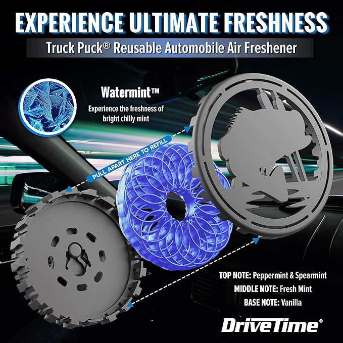 Drive Time Truck Puck Watermint Fragrancee Car Air Freshener – Long-Lasting Car Deodorizer, Refillable Vent & Visor Clip Auto Air Freshener for Car, Truck & SUV, Premium Fragrance, Pack of 3