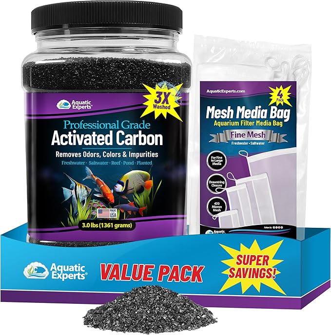 Premium Activated Carbon for Aquariums – 3 lbs Bulk Granulated Charcoal + Four 3" x 8" Fine Mesh Filter Bags, Aquarium Carbon Filter Media for Crystal Clear Fish Tanks