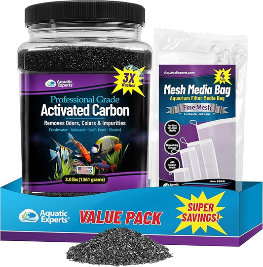 Premium Activated Carbon for Aquariums – 3 lbs Bulk Granulated Charcoal + Four 3" x 8" Fine Mesh Filter Bags, Aquarium Carbon Filter Media for Crystal Clear Fish Tanks