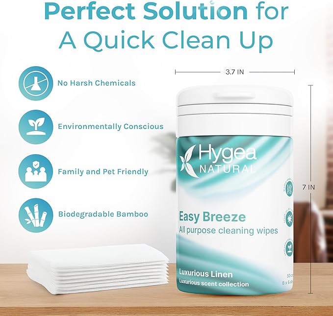 Hygea Natural EasyBreeze All Purpose Cleaning Wipes - Wipes for Multi-surface Cleaning - 2 Packs of Luxurious Linen & 2 Packs of Luxurious Clean (50 per pack)