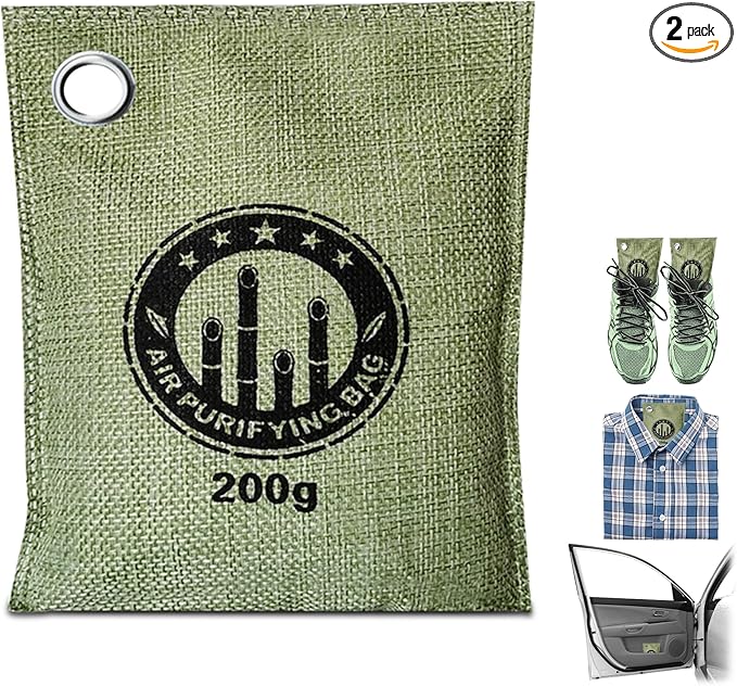 2 Bags Natural Air Purifying Bag | Bamboo Charcoal Odor Absorber for Home & Car | Closet Odor Eliminator, Small Room Deodorizer & Car Air Freshener | Charcoal Bags (200g light green, Unscented)