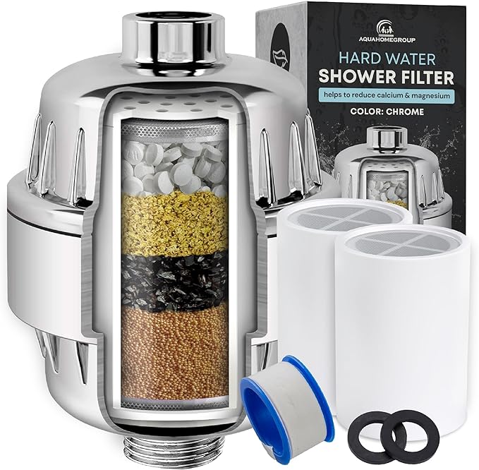 AquaHomeGroup Shower Head Filter (2 Cartridges Included) – High-Pressure Shower Filter for Particle Build up & Residue Reduction – 5 Stage Filtration with Resin, Carbon & KDF – Universal Fit