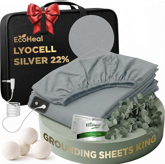Luxury Lyocell Grounding Sheets King 22% Silver Fiber, 74% Cooling Lyocell, 4% Silk, Quality Certified - Conductive Earth Fitted Sheet 15" Deep w/Wash Bag & Wool Dryer Balls, Cloud Gray