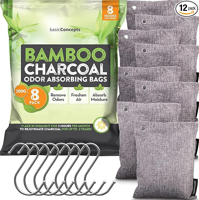 Nature Fresh Charcoal Bags Odor Absorber (Large, 12 Pack, 200g each), Reduce Odors Naturally with Bamboo Charcoal Air Purifying Bags for Car, Home, Closet, Shoe Deodorizer Eliminator Freshener Remover