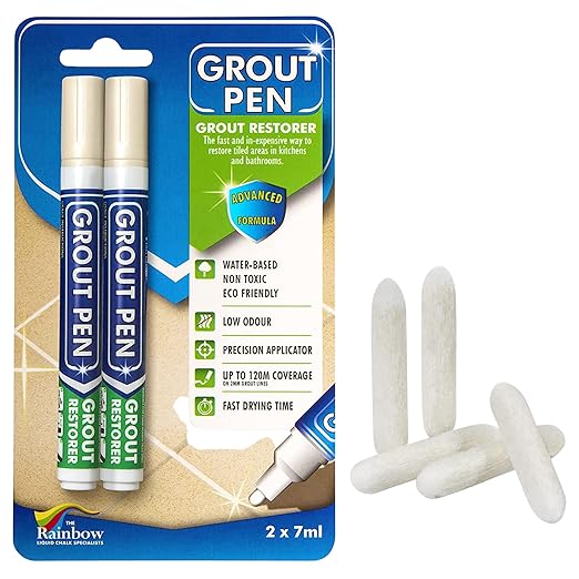 Grout Pen Tile Paint Marker: Cream 2 Pack with Extra Tips & 1 Pack (Narrow, 5mm) - Waterproof Grout Colorant and Sealer Pen to Renew, Repair, and Refresh Tile Grout - Cleaner Coating Stain Pens