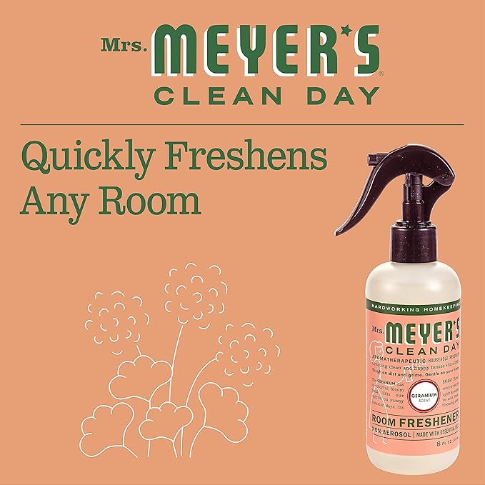 MRS. MEYER'S CLEAN DAY Room and Air Freshener Spray, Non-Aerosol Spray Bottle Infused with Essential Oils, Geranium, 8 Fl. Oz (Pack of 3)