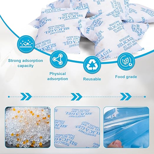 VOISEN 50 Gram 50 Pcs Color-Indicating Silica Gel Packets, Premium Food Grade Desiccant, Transparent Desiccant, Desiccant Packets for Storage, Premium Desiccant Packs for Food, Electronics, Closet