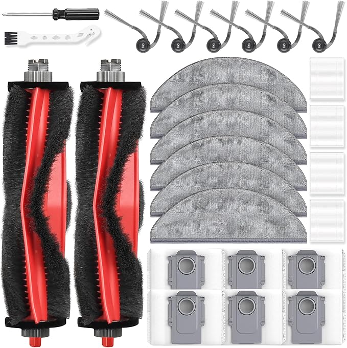 26 Pack Replacement Accessories for Roborock Q7 M5 / Q7 M5+ / Q7 L5 / Q7 L5+ Robot Vacuum Cleaner, 2 Main Brush 6 Side Brush 4 HEPA Filter 6 Mop Pads 6 Dust Bags 1 Cleaning Brush 1 Screwdriver