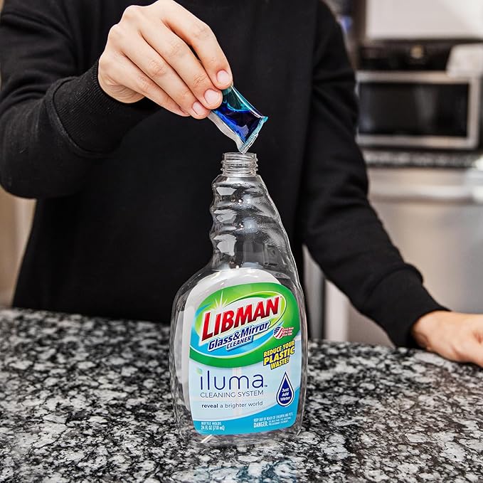 Libman Iluma Glass & Mirror Cleaner | Household Cleaning Products | Cleaning Supplies | Refillable Bottle | Glass Cleaner Spray | 24 fl oz Window Cleaner | 5 Total Concentrated Dissolvable Pods