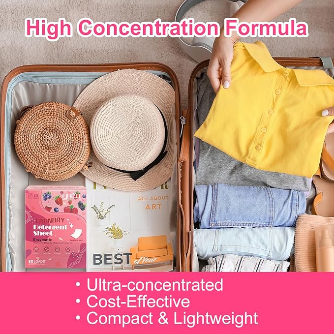 YUCO Laundry Detergent Sheets Berry Scent 80 Loads Eco Laundry Soap Washer Sheet, Liquidless Washing Detergent Sheets for Laundry for Travel, Plastic Free, Hypoallergenic