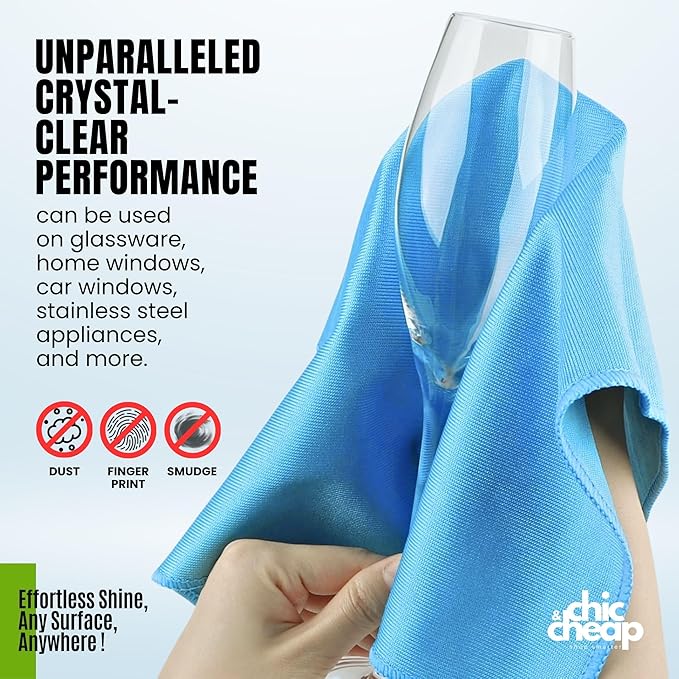 Wipe&Go Streak-Free Glass Cleaning Kit – 6 Diamond-Weave Microfiber Towels (12x16 in) & Mini Rubber Squeegee – Lint-Free Polishing Set for Windows, Mirrors, Car Windshields & Kitchen Sinks