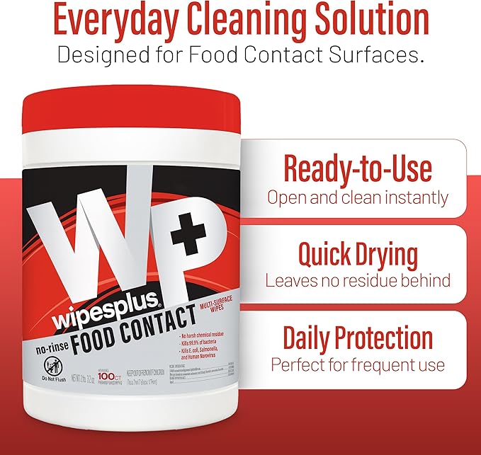 WIPESPLUS No-Rinse Food Contact Wipes Canister Multi-Surface Wipes, Unscented for Home and Business, 600, (6 Packs of 100)