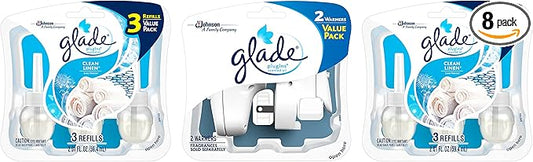 Glade PlugIns Refills Air Freshener Starter Kit, Scented and Essential Oils for Home and Bathroom, Clean Linen, 4.02 Fl Oz, 2 Warmers + 6 Refills