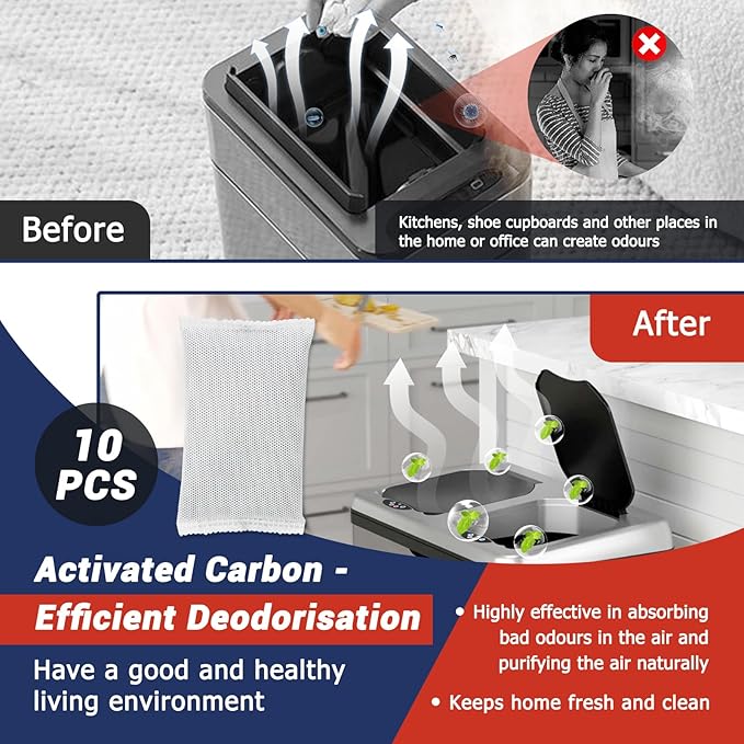 10 Pack (1.2Pounds) Activated Charcoal Odor Absorber Filter Refills for iTouchless Trash Cans. Trash Can Odor Filter-Charcoal Odor Absorbing Bags, Each 4-Pack Fits an 8-gallon or Larger Trash Can