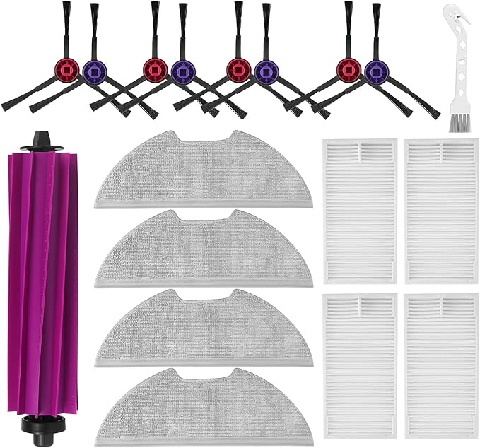 18 Pack E20 Plus Accessories Kit Replacement Compatible with Eureka E20 Plus, 1 Main Roller Brushes, 8 Side Brushes, 4 Hepa Filters, 4 Mop Pads,1 Cleaning Brush