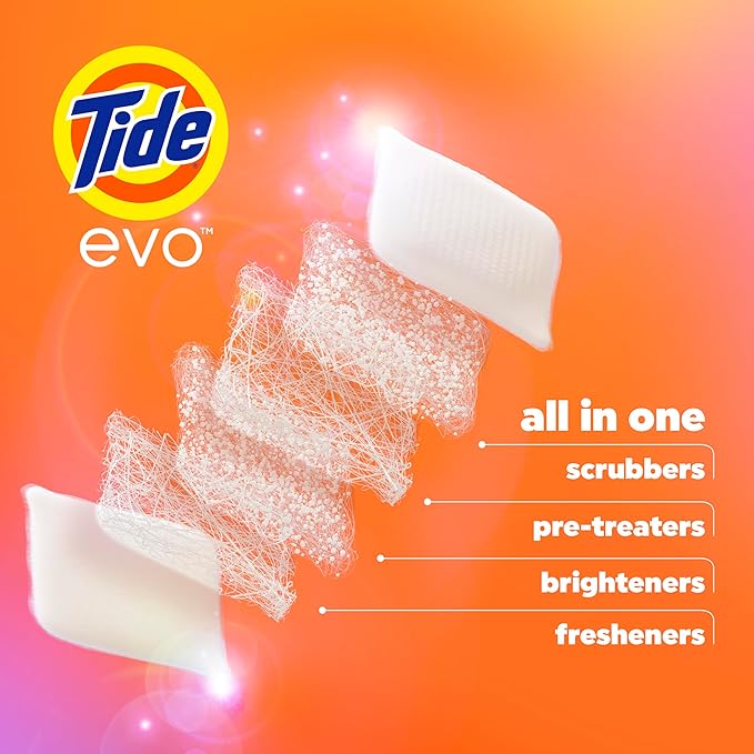 Tide evo Spring Blast Scent Laundry Detergent Fiber Tiles Works on 100% of Common Stains Safe for All Machines and Water Conditions Concentrated HE Compatible Clean and Instant Dissolve, 42 Count