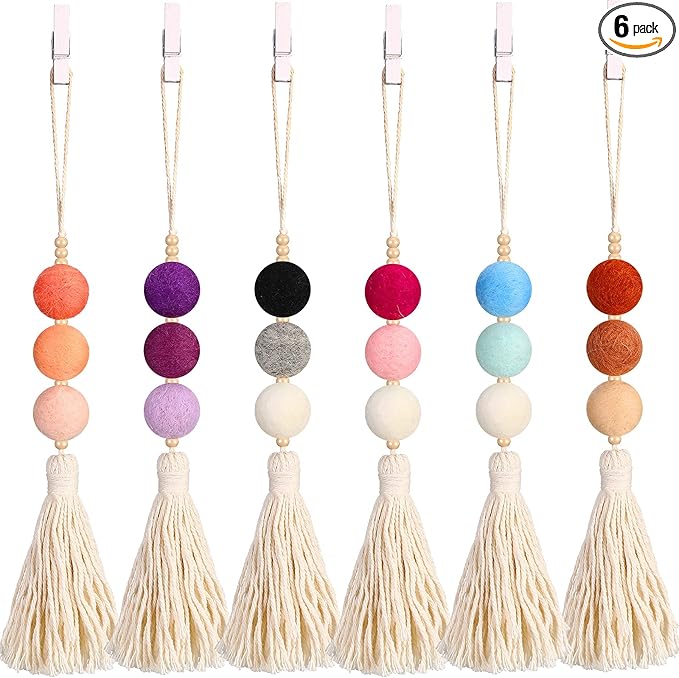 6 Pieces Felt Ball Car Diffuser Essential Oil Car Tassel Hanging Bead Aromatherapy Diffuser Colorful Charm Vent Clips Air Freshener for Decor(Bright Color)
